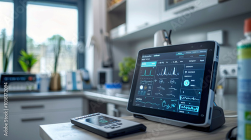 detailed perspective of portable diagnostic tool displaying various health metrics in modern kitchen setting. device showcases advanced technology and user friendly interface, enhancing medical