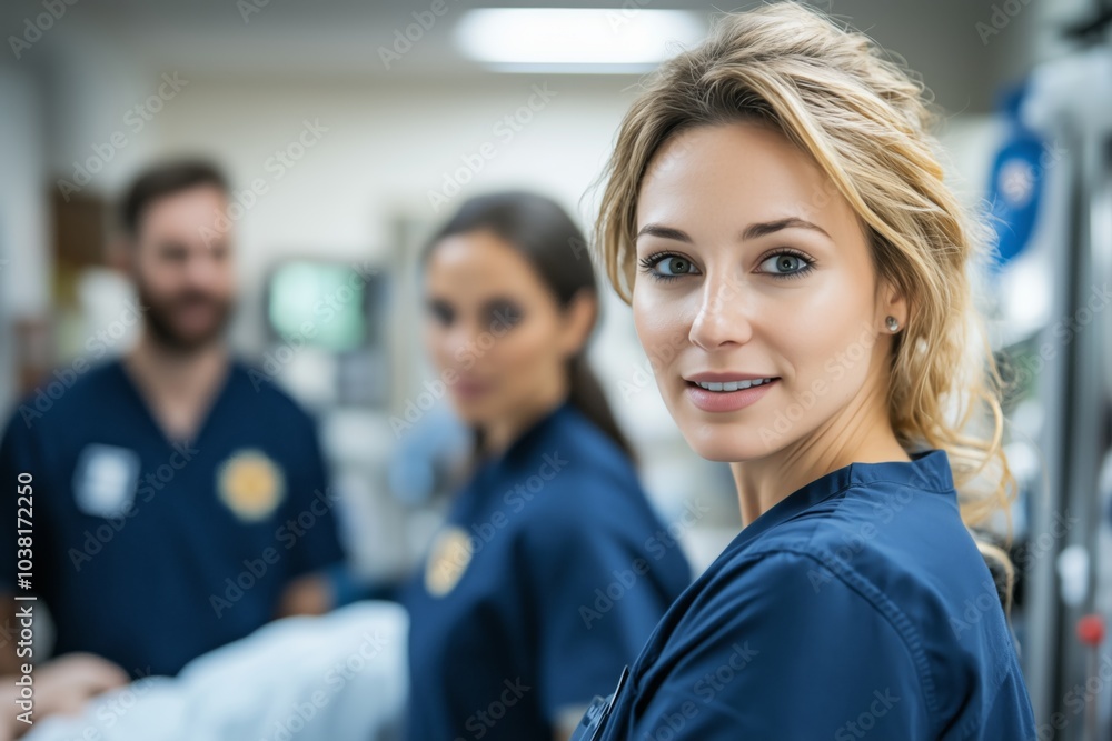 A confident female nurse smiles at the camera, surrounded by colleagues in scrubs, conveying teamwork in a healthcare setting A confident female nurse smiles at the camera, surrounded by colleagues in scrubs, conveying teamwork in a healthcare setting