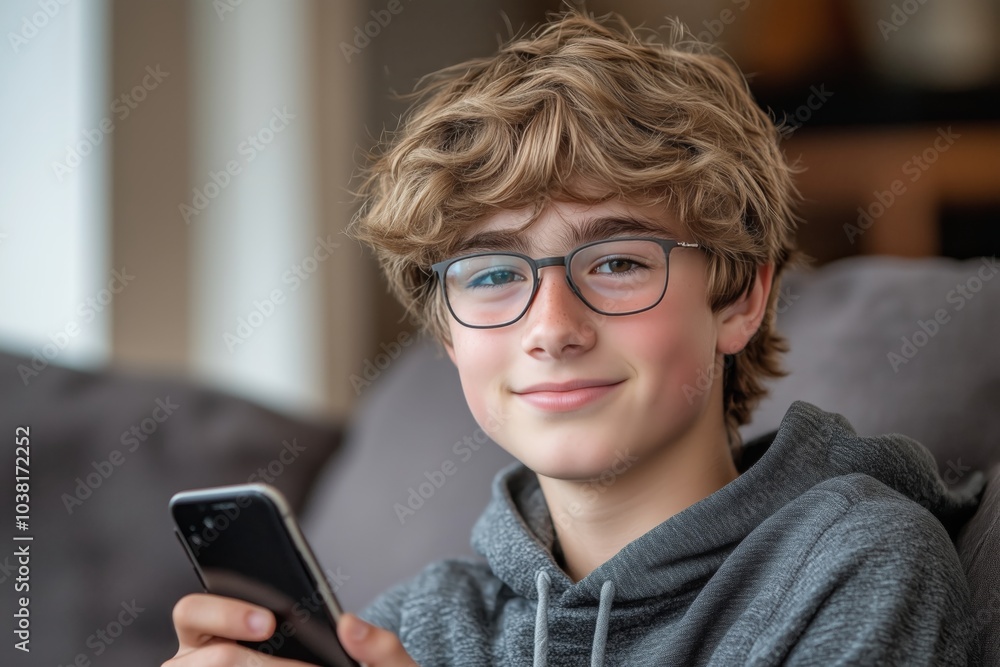 A cheerful teenage boy with curly hair and glasses sits on a couch, holding a smartphone, enjoying his time at home A cheerful teenage boy with curly hair and glasses sits on a couch, holding a smartphone, enjoying his time at home