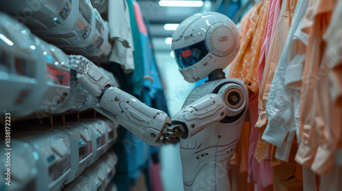 robot assisting with laundry in colorful clothing aisle showcases advanced technology and automation. scene highlights blend of robotics and everyday tasks, creating futuristic atmosphere photo