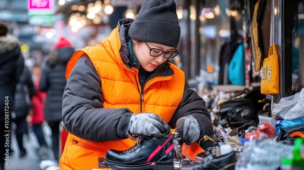 A Dedicated Female Shoeshiner Polishing Shoes at a Bustling Urban Stand in the Heart of the City A Dedicated Female Shoeshiner Polishing Shoes at a Bustling Urban Stand in the Heart of the City