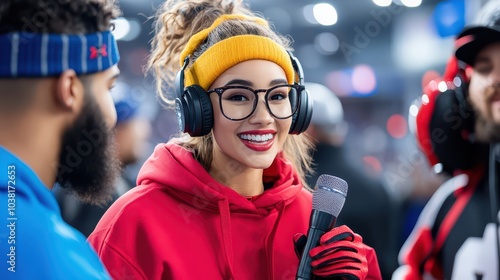 Dynamic Female Sports Reporter Engaging Athletes Post-Game with Microphone for Real-Time Reactions and Insights photo