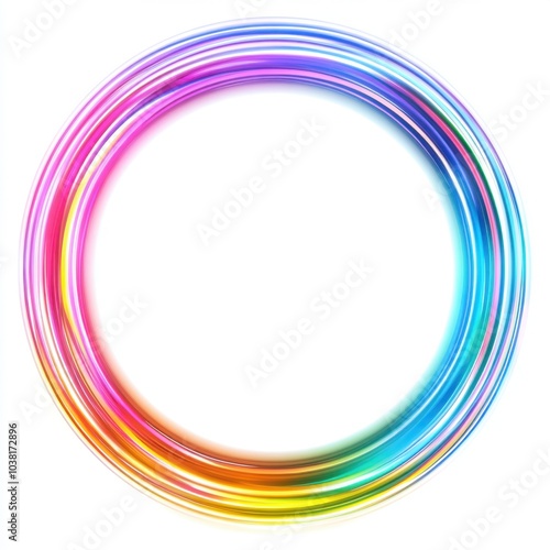 Glowing neon circle frame with vibrant colors creating a futuristic atmosphere isolated on white background in center