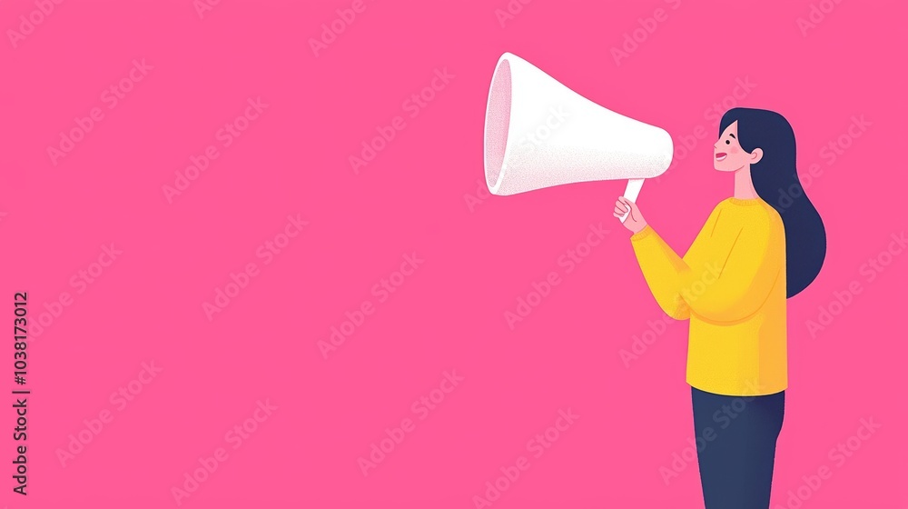 Illustration of a Woman with Megaphone on Pink Background Representing Customer Journey Concept and Marketing Communication Illustration of a Woman with Megaphone on Pink Background Representing Customer Journey Concept and Marketing Communication