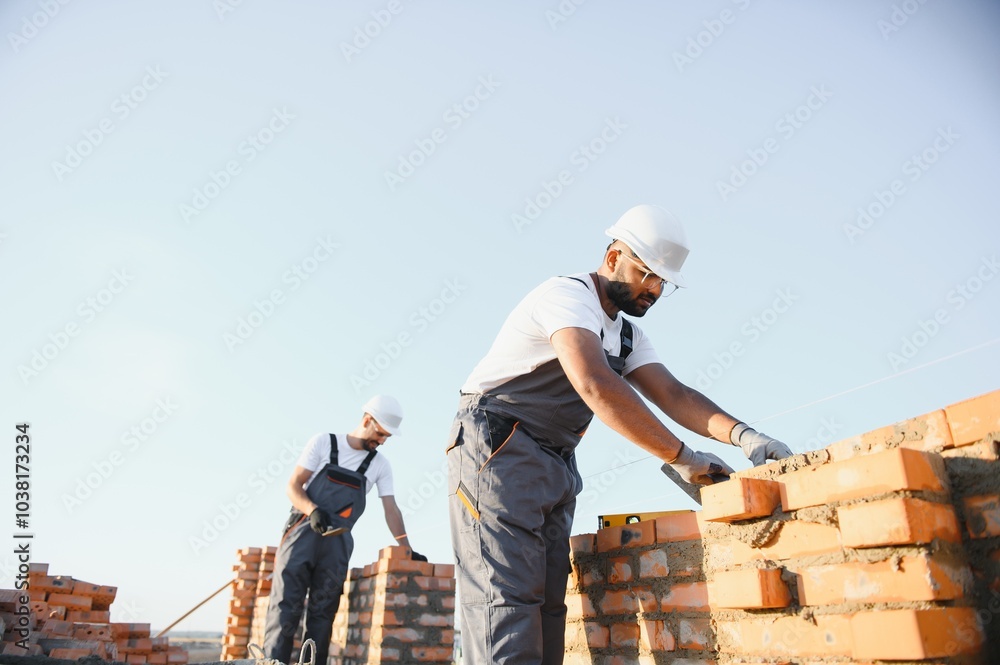 Indian construction workers work on the construction of a brick house. Construction of a brick wall Indian construction workers work on the construction of a brick house. Construction of a brick wall