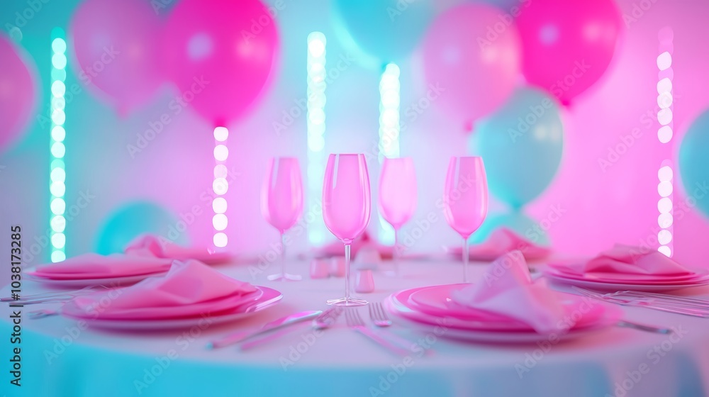 Elegant Party Table Setting with Pink and Blue Balloons and Neon Lights in the Background Elegant Party Table Setting with Pink and Blue Balloons and Neon Lights in the Background