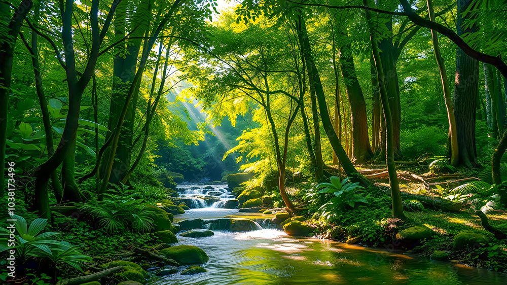 Perfect nature scene, green lush foliage under sunlight, beams. Tropical natural forest landscape, calm creek cascade flowing water under trees leaves. Beautiful nature. Tranquil peaceful Generated AI Perfect nature scene, green lush foliage under sunlight, beams. Tropical natural forest landscape, calm creek cascade flowing water under trees leaves. Beautiful nature. Tranquil peaceful Generated AI