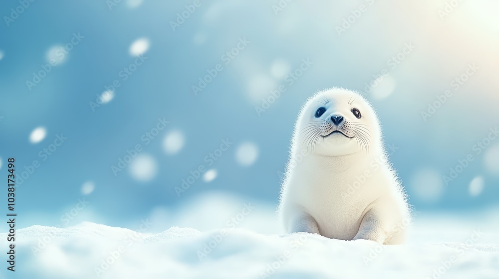 Cute seal pup sitting in snow, soft blue background, winter wonderland atmosphere Cute seal pup sitting in snow, soft blue background, winter wonderland atmosphere