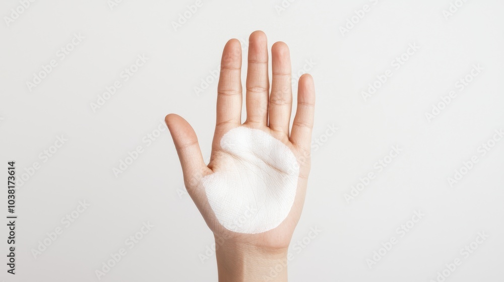 Close-Up of Hand with Skin Condition and White Patch on Palm Against Plain Background Close-Up of Hand with Skin Condition and White Patch on Palm Against Plain Background
