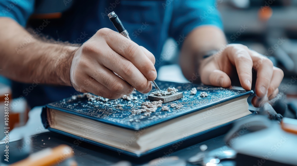 Expert Male Antique Book Restorer Skillfully Repairing Fragile Books in a Serene Workshop with Specialized Tools and Materials Expert Male Antique Book Restorer Skillfully Repairing Fragile Books in a Serene Workshop with Specialized Tools and Materials