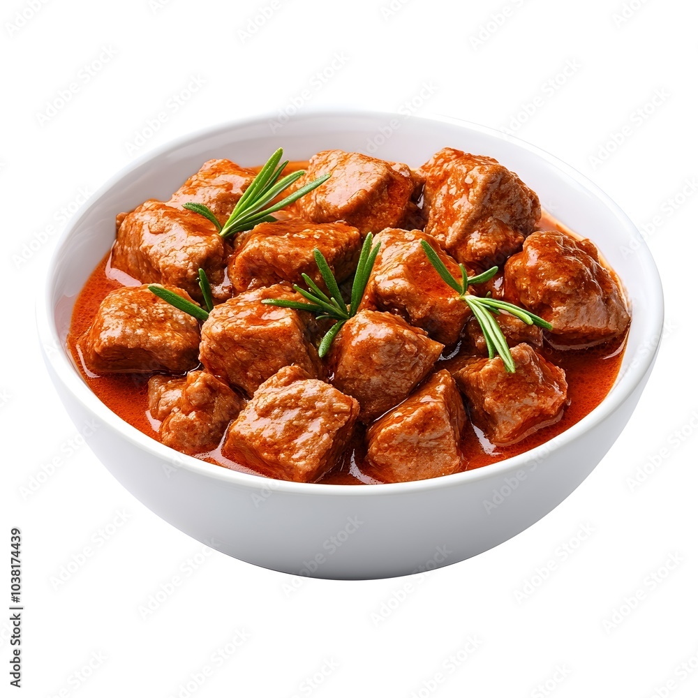 Perfectly Prepared Pork Goulash Stew in Macro Detail on White Background Perfectly Prepared Pork Goulash Stew in Macro Detail on White Background