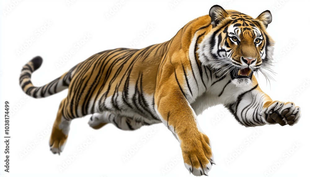 Fototapeta premium A dynamic image of a tiger in mid-leap, showcasing its strength and agility.