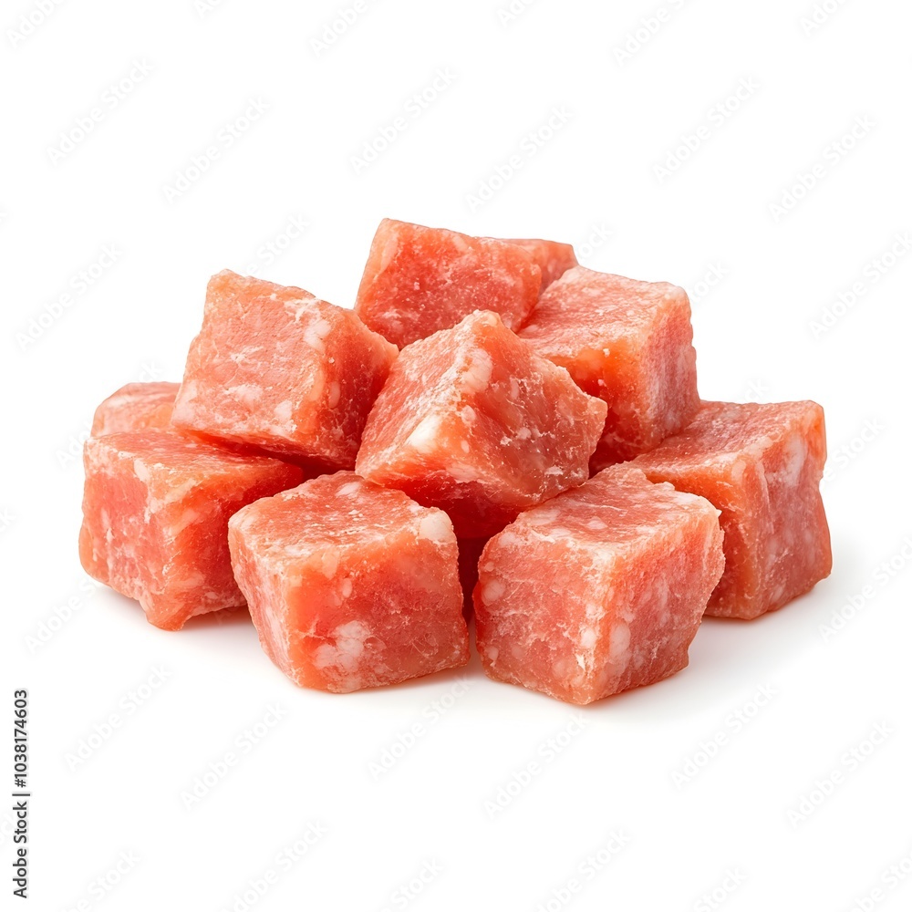 Macro Shot of Perfect Diced Boiled Sausage Cubes on White Background Macro Shot of Perfect Diced Boiled Sausage Cubes on White Background