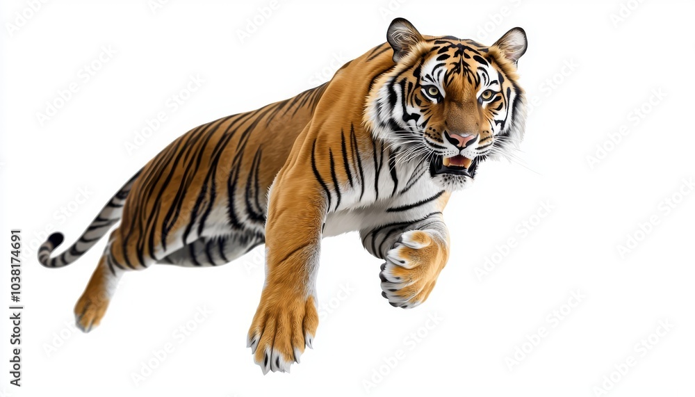 A dynamic image of a tiger leaping forward, showcasing its strength and agility against a plain background. A dynamic image of a tiger leaping forward, showcasing its strength and agility against a plain background.