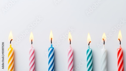 Colorful Party Candles in a Row with Flames Lit Against a White Background for Celebrations and Festivities