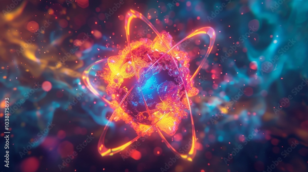 Close up of an atom detailed view of subatomic particles and vibrant electrons orbiting nucleus Close up of an atom detailed view of subatomic particles and vibrant electrons orbiting nucleus