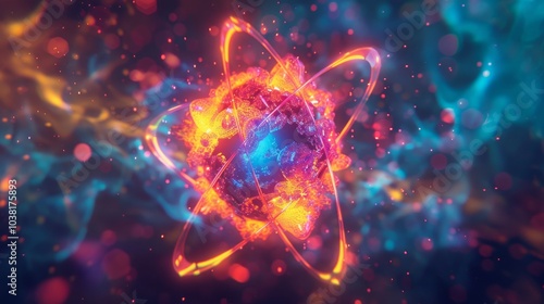 Close up of an atom detailed view of subatomic particles and vibrant electrons orbiting nucleus