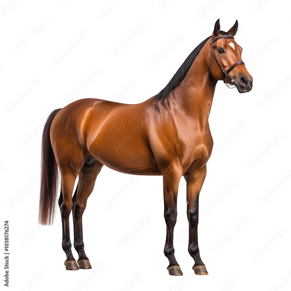 Strong brown horse stands, white isolate background Strong brown horse stands, white isolate background
