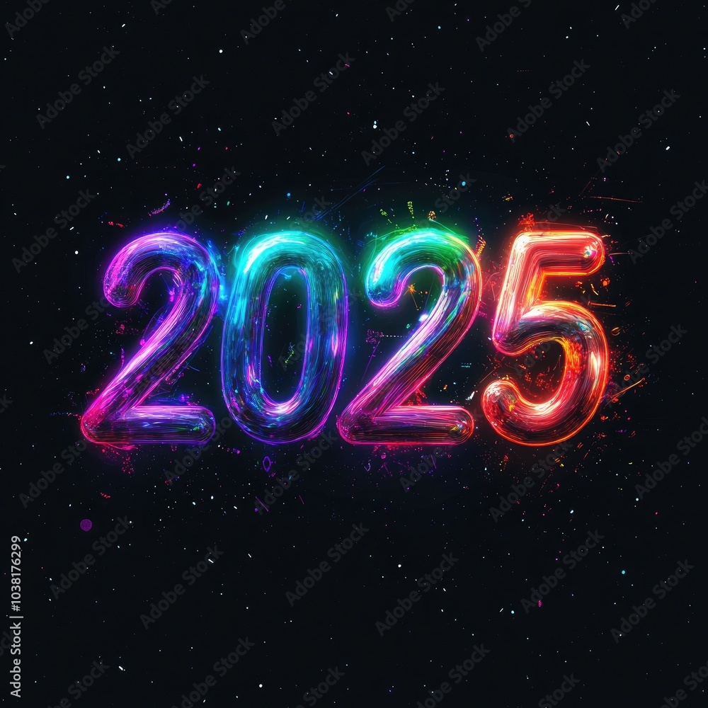 The year 2025 is displayed in glowing neon digits against a dark background scattered with small, twinkling lights. The year 2025 is displayed in glowing neon digits against a dark background scattered with small, twinkling lights.