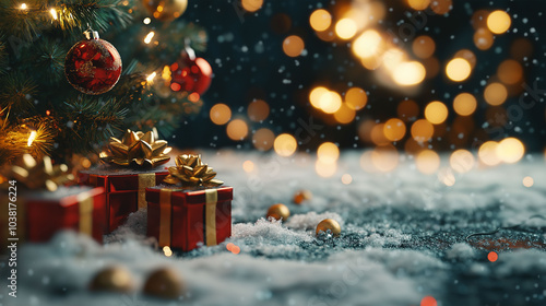 A snow-covered Christmas tree adorned with ornaments and lights, surrounded by an array of colorful gifts, with snowflakes gently falling in the background photo