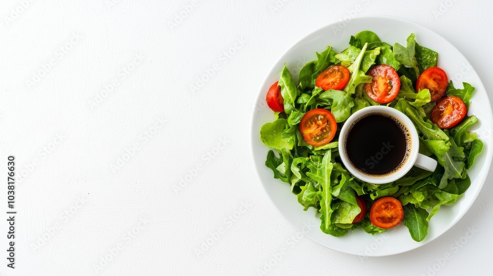 Healthy Lunch Break with Fresh Salad and Coffee on White Background - Perfect for Office or Home Healthy Lunch Break with Fresh Salad and Coffee on White Background - Perfect for Office or Home