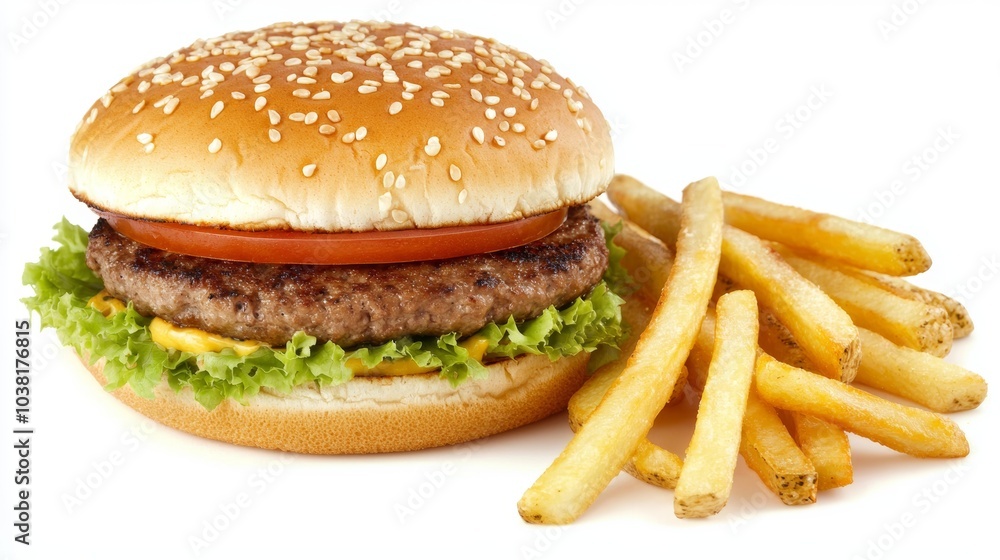 Delicious Burger and Fries on a White Background Perfect for Lunch Break Concepts and Food Advertisements Delicious Burger and Fries on a White Background Perfect for Lunch Break Concepts and Food Advertisements