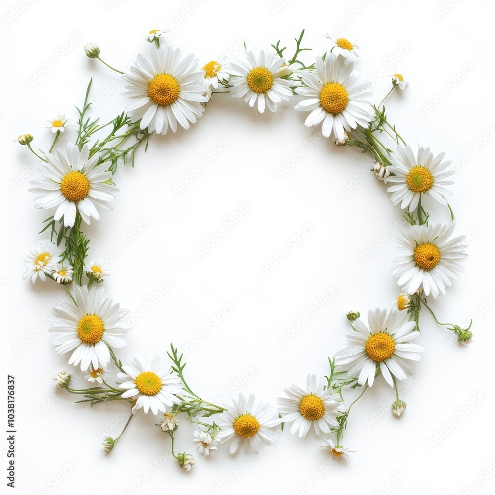 Simple daisy wildflower bouquet wreath with delicate petals, forming a circular arrangement, isolated on a white background Simple daisy wildflower bouquet wreath with delicate petals, forming a circular arrangement, isolated on a white background