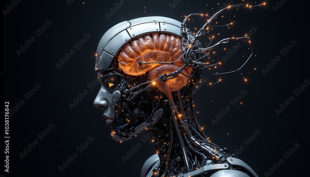 Futuristic robot with an illuminated brain and intricate circuitry on a dark background Futuristic robot with an illuminated brain and intricate circuitry on a dark background