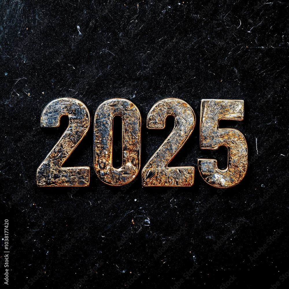 The image displays the year 2025 in large, golden numerals against a black background. The numerals have a textured, The image displays the year 2025 in large, golden numerals against a black background. The numerals have a textured,