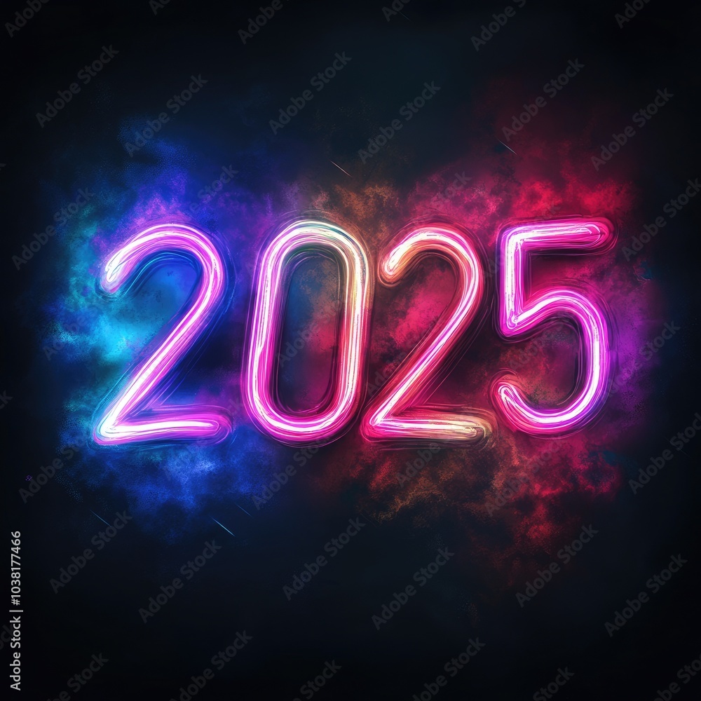 The year 2025 is depicted in bright pink neon, glowing against a dark background with blue and red clouds of dust and shooting stars. The year 2025 is depicted in bright pink neon, glowing against a dark background with blue and red clouds of dust and shooting stars.