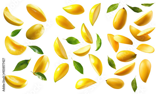 A vibrant arrangement of yellow mango slices and green leaves against a white background. transparent background