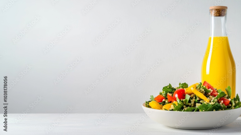 Fresh and Healthy Dinner Concept with Salad and Juice on Minimalist White Background Fresh and Healthy Dinner Concept with Salad and Juice on Minimalist White Background