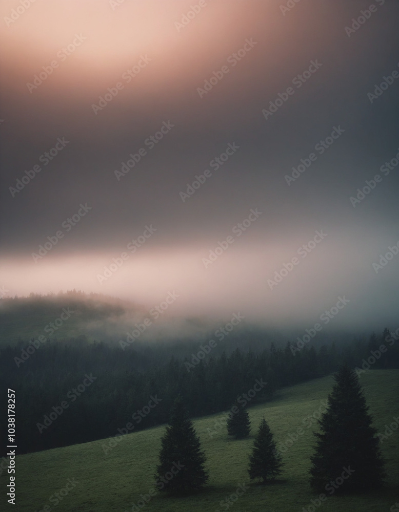 Obraz premium Misty landscape with evergreen trees and colorful fog at dawn or dusk