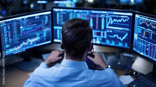 Male Financial Analyst Analyzing Stock Market Trends with Multiple Screens in a Busy Finance Office Environment