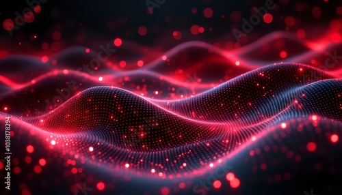 Abstract red tech background with digital waves, Dynamic network system, and Technology background. Abstract background featuring dynamic waves, evoking a sense of digital technology and energy.