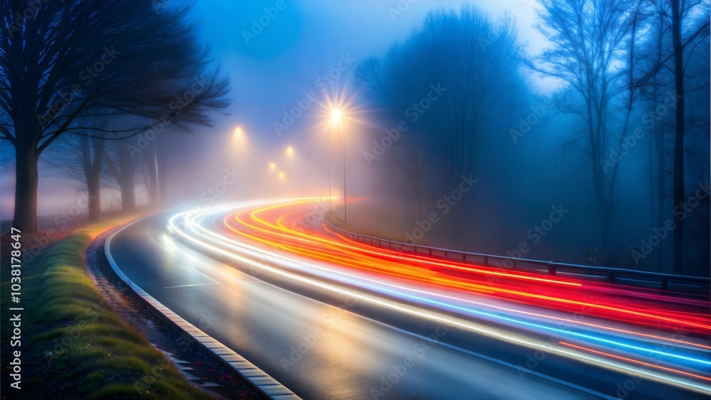 Blurred Light Trails on Highway at Night with Fog Blurred Light Trails on Highway at Night with Fog