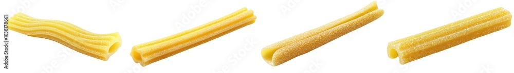 A set of four yellow, tubular objects resembling snacks or candies, arranged on a white background. transparent background A set of four yellow, tubular objects resembling snacks or candies, arranged on a white background. transparent background