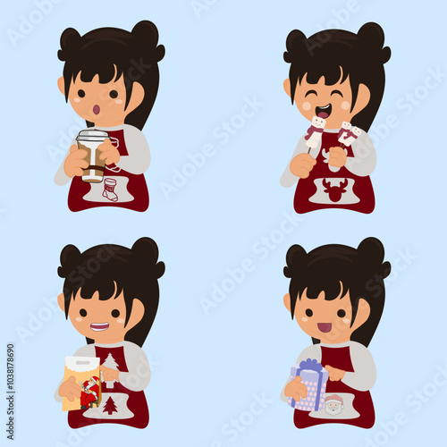 CHRISTMAS, CUTE GIRL WEARING CHRISTMAS JACKET HOLDING GIFTS, CANDY AND A BIT OF COFFEE