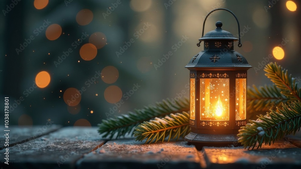 Merry Christmas! Lantern with candles and Christmas tree on a wooden background. Space for text and advertising Merry Christmas! Lantern with candles and Christmas tree on a wooden background. Space for text and advertising