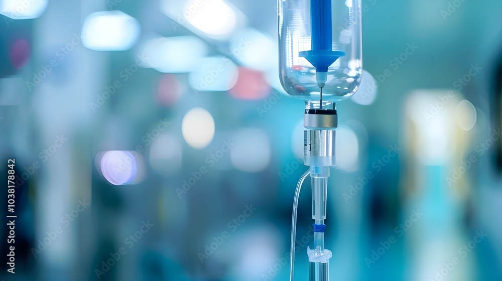 Close-up of a medical IV drip in a hospital setting Close-up of a medical IV drip in a hospital setting