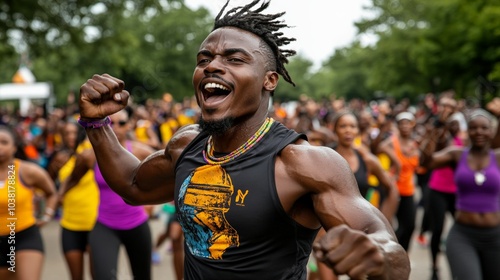 Joyful Fitness Festival: A muscular Black man leads a vibrant fitness class, radiating energy and joy amidst a diverse crowd.  The image captures the spirit of community and active living.  photo