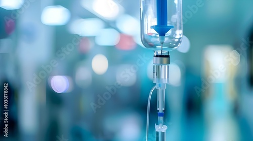 Close-up of a medical IV drip in a hospital setting