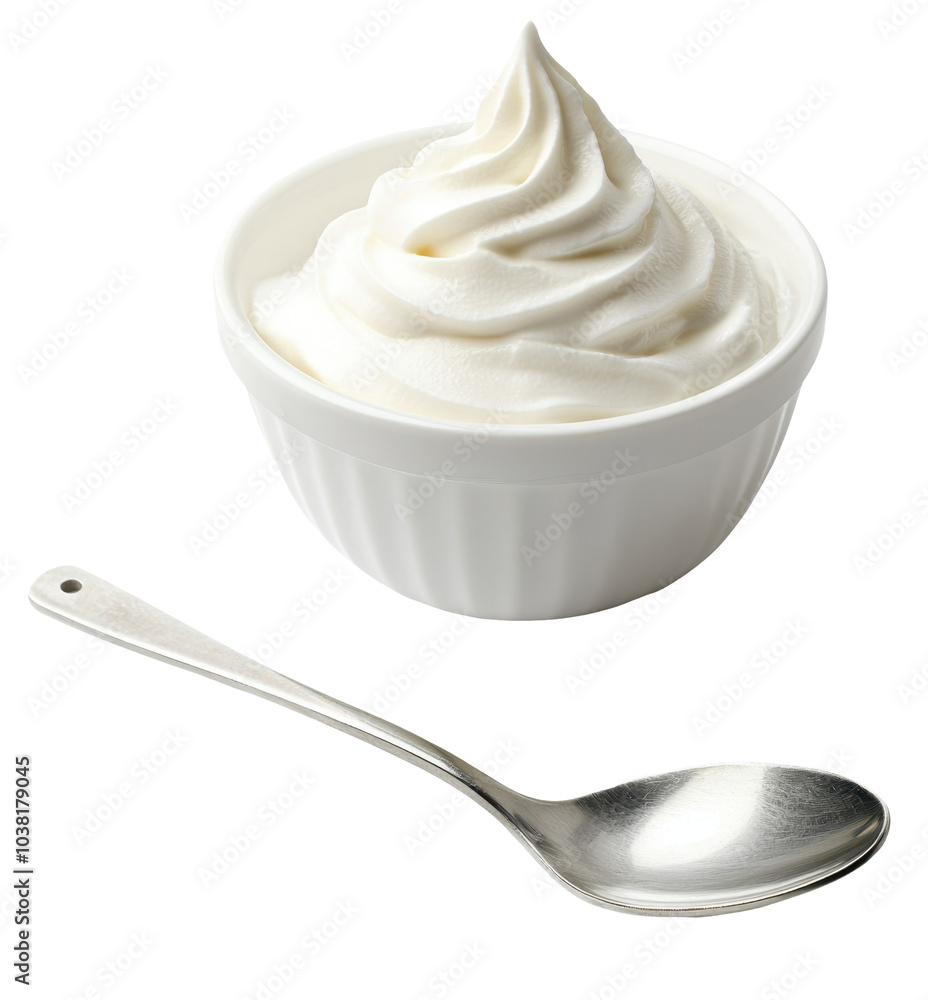 A creamy swirl of frozen yogurt in a white bowl, accompanied by a silver spoon, set against a white background. transparent background A creamy swirl of frozen yogurt in a white bowl, accompanied by a silver spoon, set against a white background. transparent background