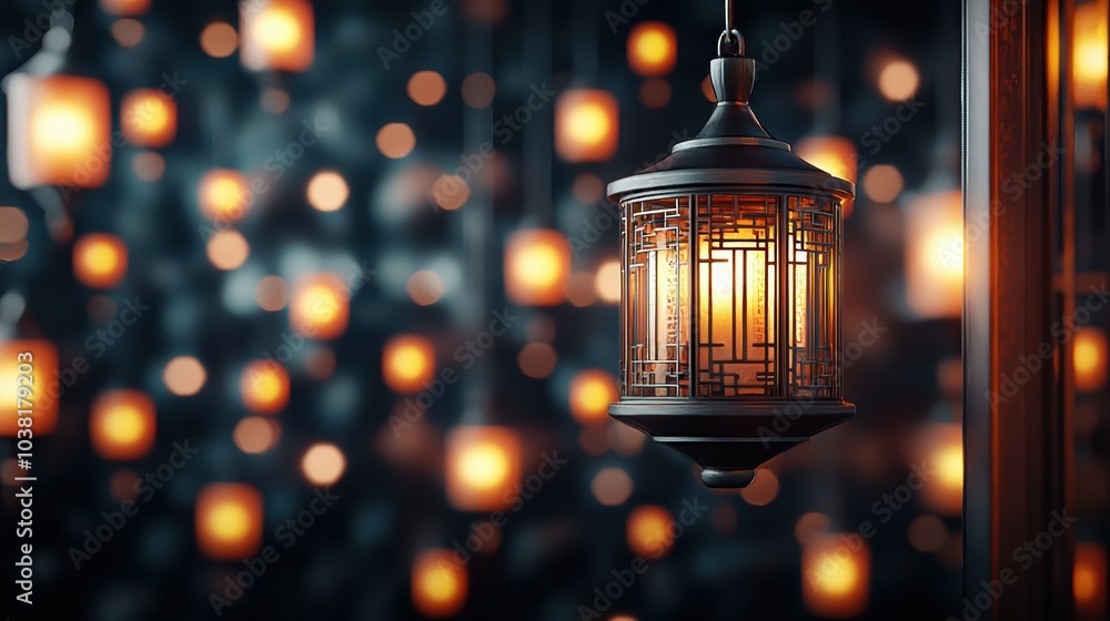 An elegant lantern illuminates the night, surrounded by softly lit bokeh lights, creating a serene and enchanting atmosphere. An elegant lantern illuminates the night, surrounded by softly lit bokeh lights, creating a serene and enchanting atmosphere.