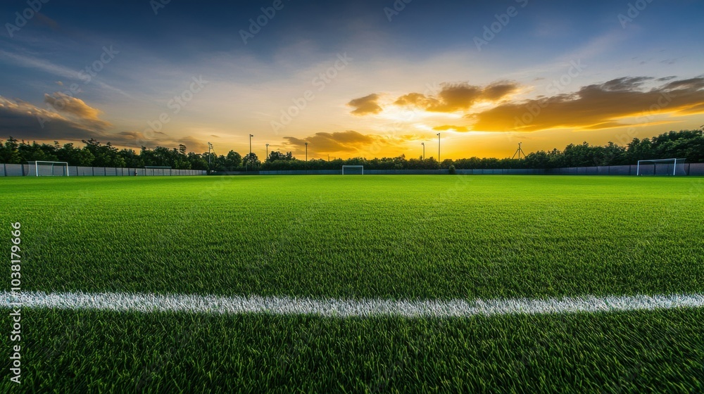 Obraz premium A soccer field's freshly mowed grass, outdoor setting with dusk lighting, Dynamic style