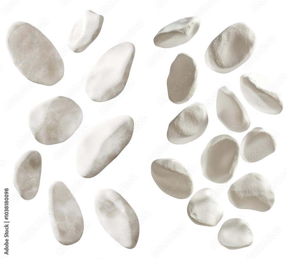 A collection of smooth, white stones arranged in a scattered pattern on a white background, highlighting their natural shapes and textures. transparent background A collection of smooth, white stones arranged in a scattered pattern on a white background, highlighting their natural shapes and textures. transparent background
