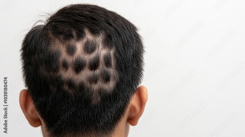Obraz premium Close-Up of Scalp with Alopecia Areata Showing Patchy Hair Loss on the Back of a Man's Head Against a White Background