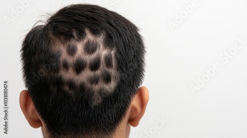 Close-Up of Scalp with Alopecia Areata Showing Patchy Hair Loss on the Back of a Man's Head Against a White Background photo