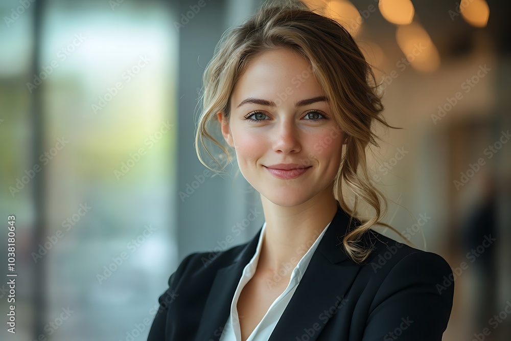 Confident Blonde Executive with Warm Smile and Blurred Background Confident Blonde Executive with Warm Smile and Blurred Background