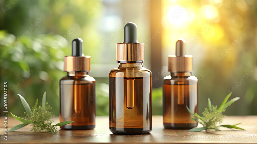 Three amber healing oil bottles standing on the wooden table in a bright natural light
Three amber healing oil bottles standing on the wooden table in a bright natural light